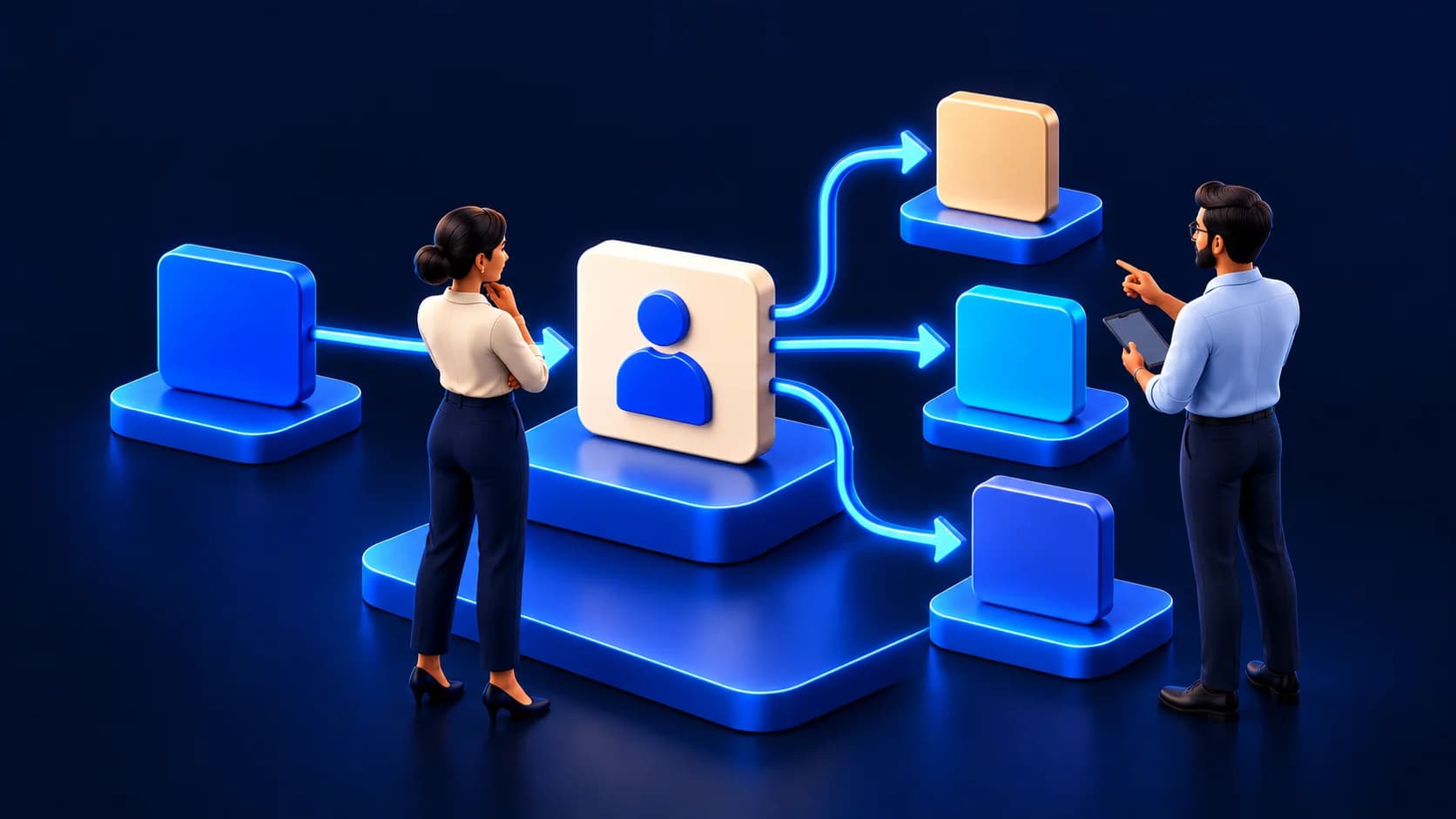 An operations reviewer and engineer inspect branching workflow cases around a human approval checkpoint.