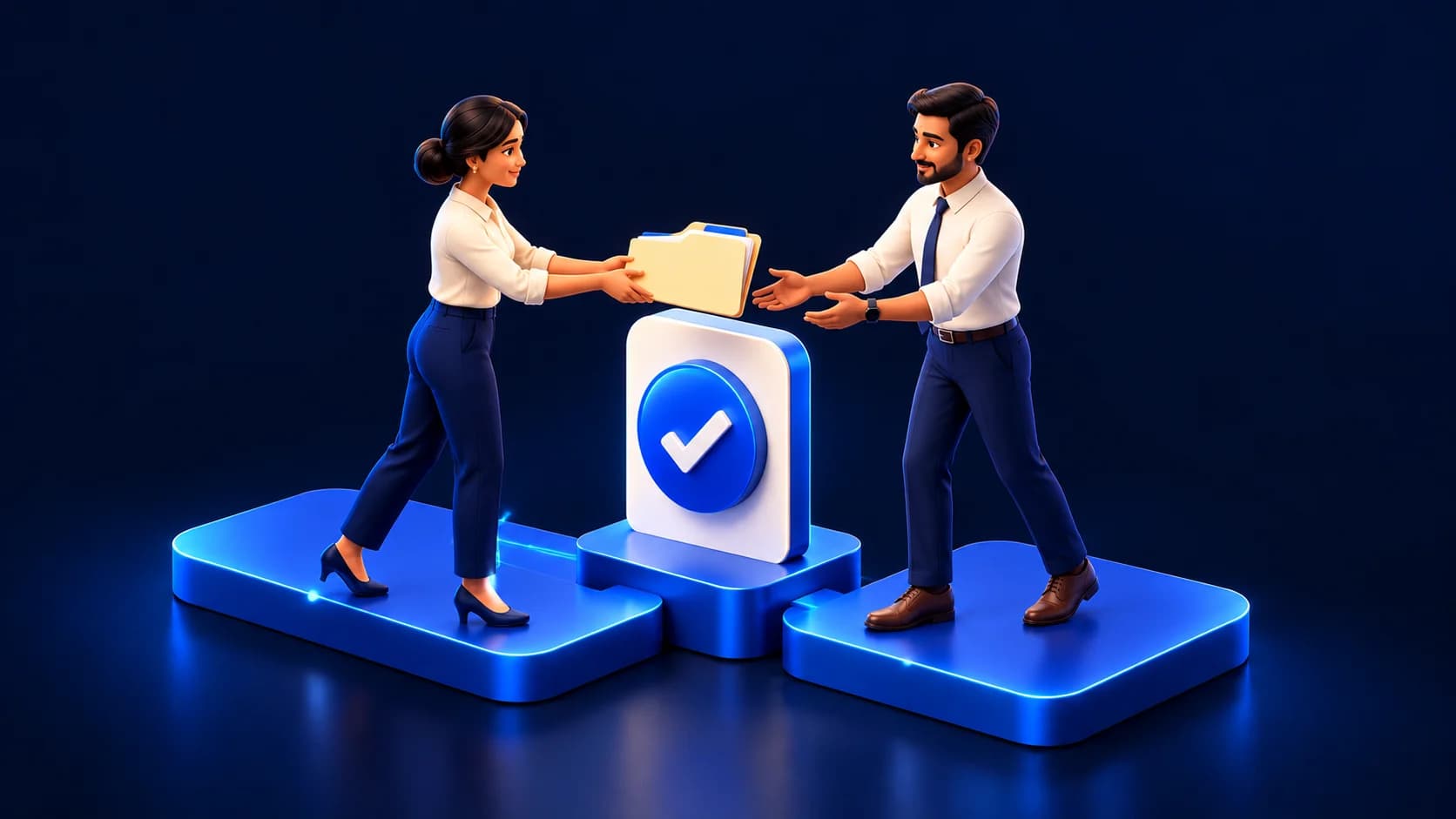 Two service representatives pass a reviewed case folder across a clear ownership checkpoint.
