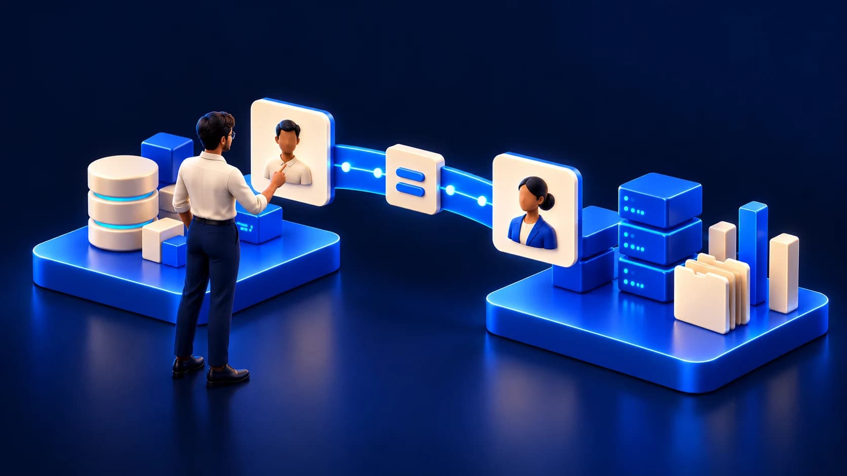 A data engineer maps two identities across a shortcut bridge between source and consuming workspaces.