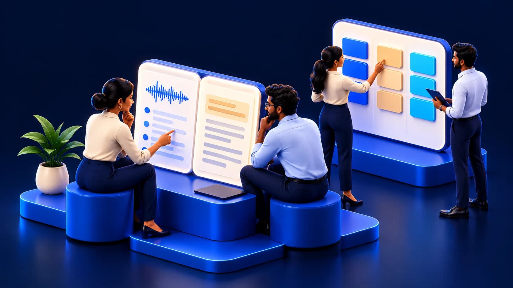 A meeting organiser compares a draft summary with a transcript while colleagues review an action board.