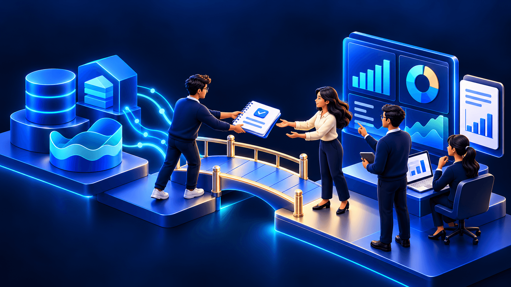 A data engineer hands operational guidance to business users adopting an analytics solution.